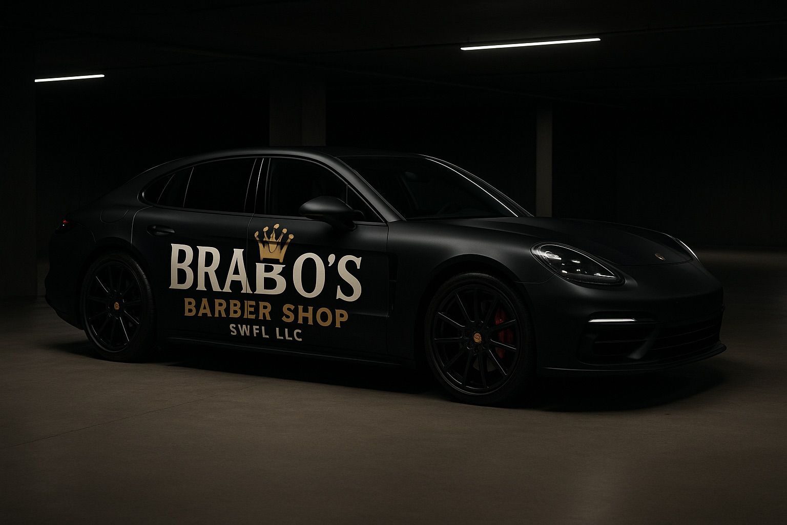 ChatGPT AI mockup — Porsche Panamera with 'BRABO'S BARBER SHOP SWFL LLC' rendered on the side door. AI-generated reference image supplied by client.