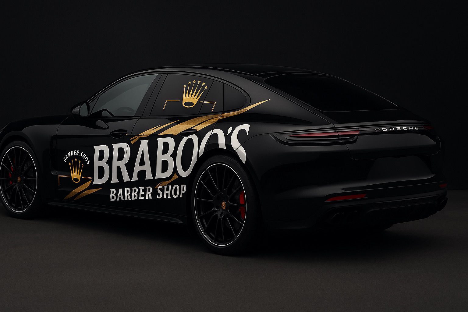 ChatGPT AI mockup — Porsche Panamera with hallucinated 'BRABOO'S BARBER SHOP' typo on the rear quarter panel. AI-generated reference image.