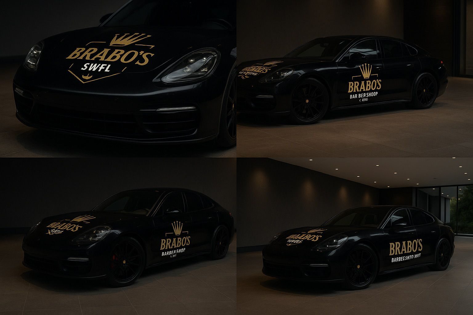 Four ChatGPT-generated mockups of the Brabo's Barbershop Porsche Panamera shown as a 2x2 grid. Visible AI hallucinations include 'BAR BER SHOOP', 'BARBELSHTO', 'BARBELSHTO MIT' and 'BAR BEA SHOOP'. Reference images supplied by client.
