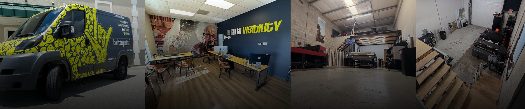 Brittoprint sign and print shop today — wrapped Promaster van, design studio, wide-format production floor and finishing area in Lehigh Acres, FL
