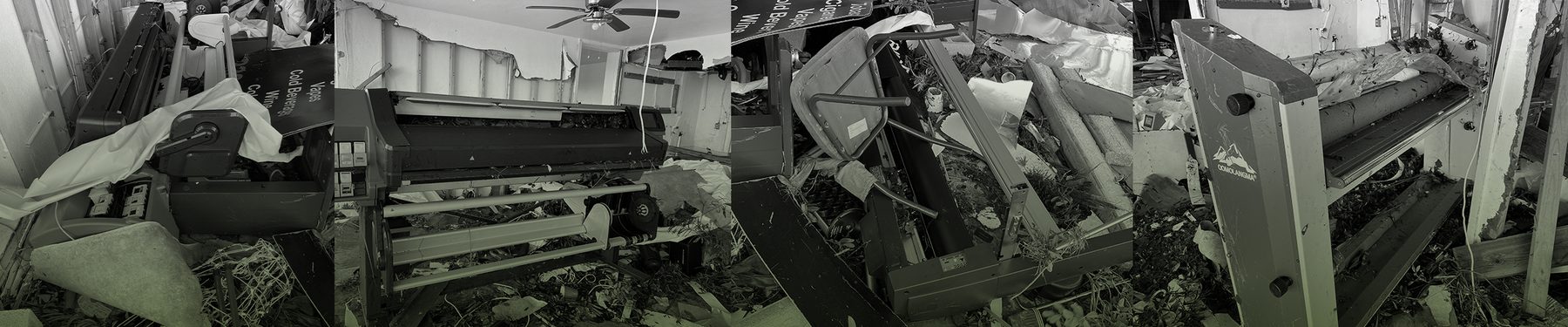 Brittoprint's production equipment — wide-format printers and plotters — destroyed by Hurricane Ian in September 2022, Southwest Florida